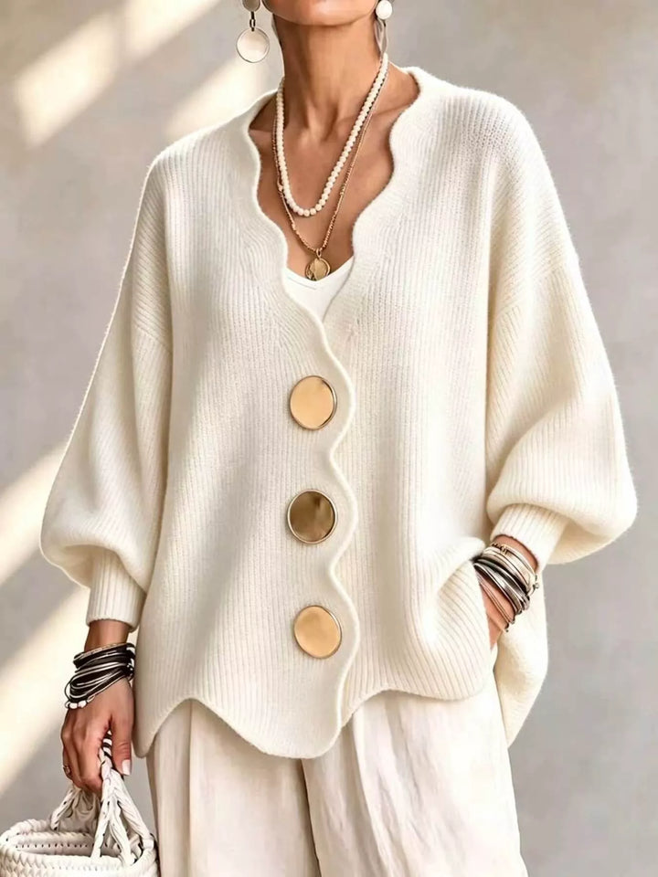 Beige Scalloped-edge ribbed knit oversized button-down cardigan