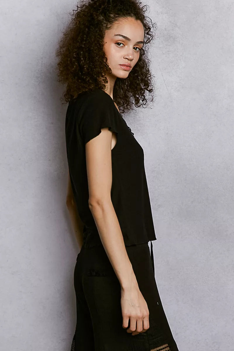Ribbed scoop neck crop top with lace trim