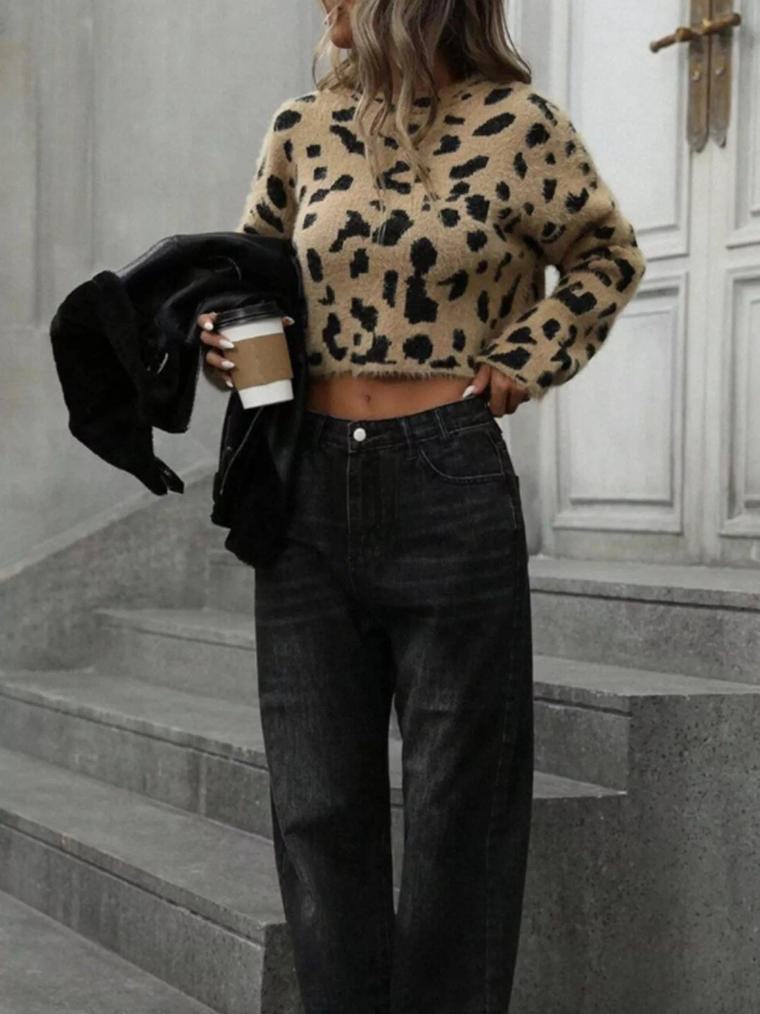 Fuzzy leopard cropped sweater with mock neck