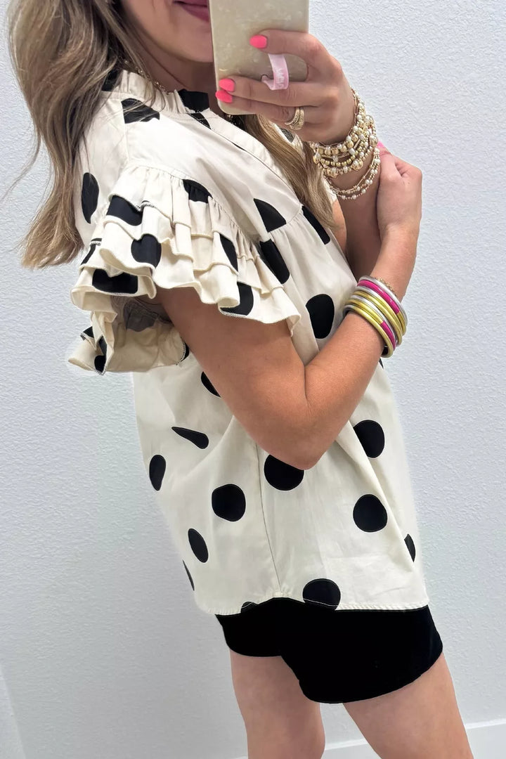 Polka dot ruffle flutter sleeve split V-neck blouse