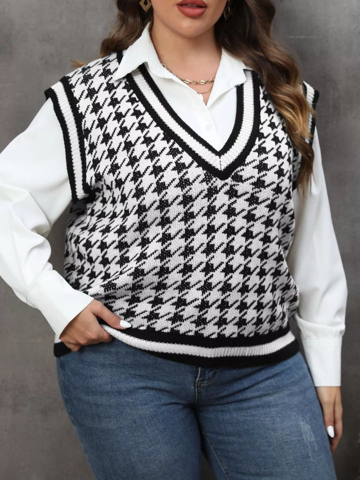 White Houndstooth V-neck knit sweater vest with striped rib trim