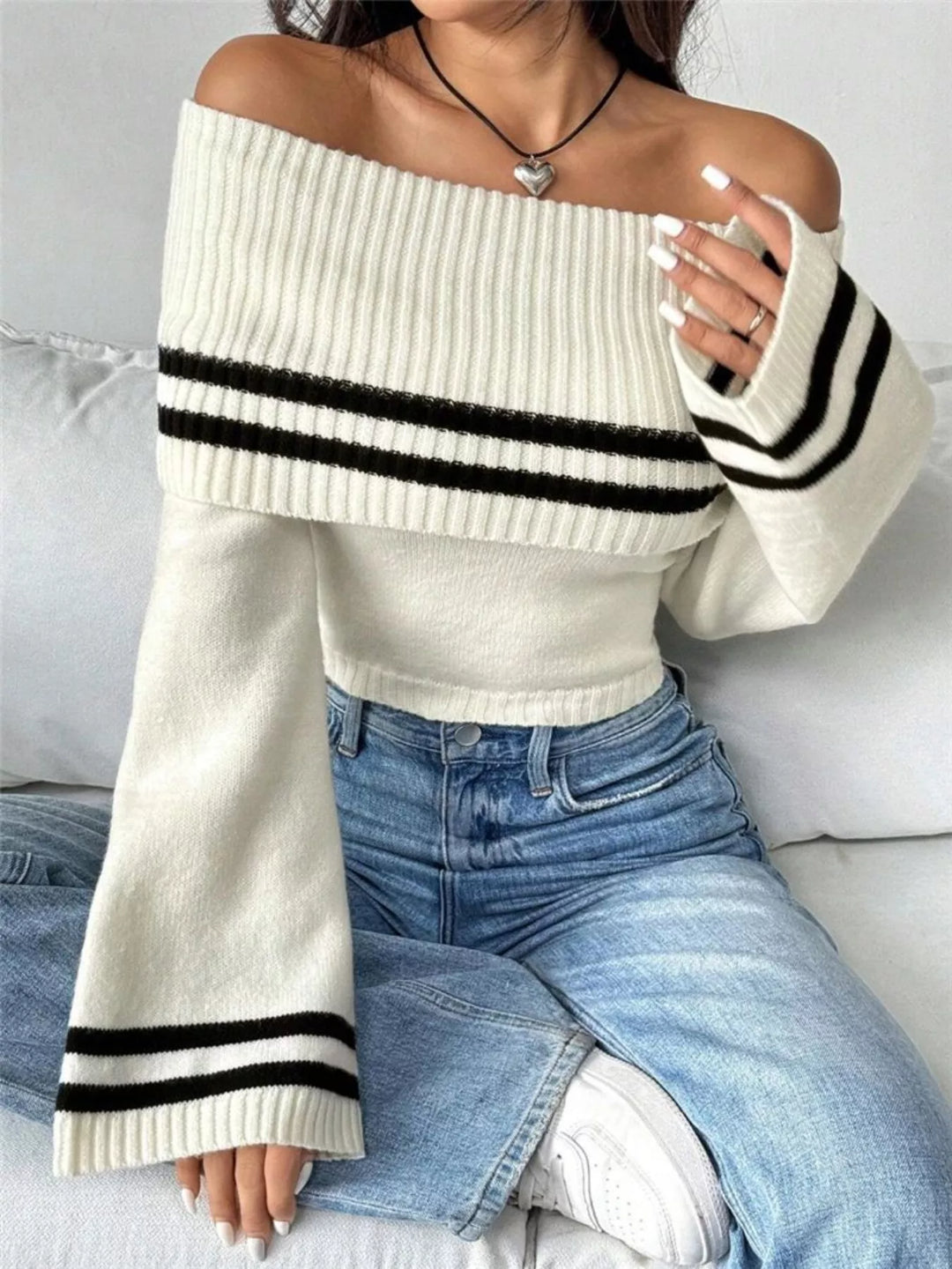 White Off-shoulder striped foldover sweater with flare sleeves