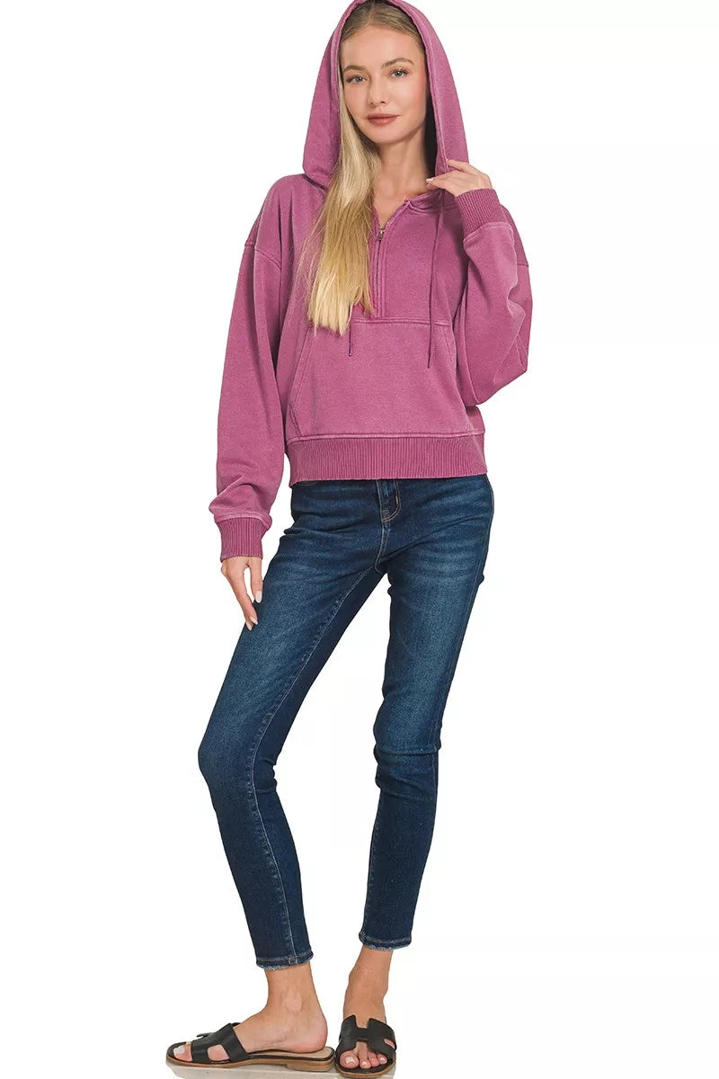 Pigment-dyed fleece half-zip hoodie with kangaroo pocket