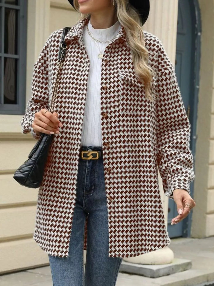 Houndstooth button-up shacket coat with chest pocket