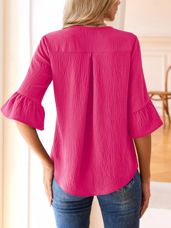 Ruffle trim V-neck blouse with flared bell sleeves