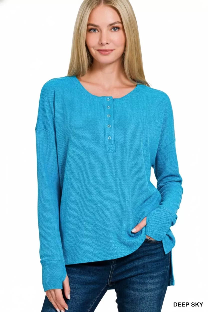 Waffle knit henley tee with thumb-hole cuffs