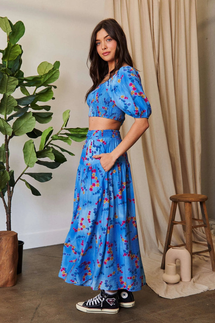 Tiered floral maxi skirt with smocked waistband