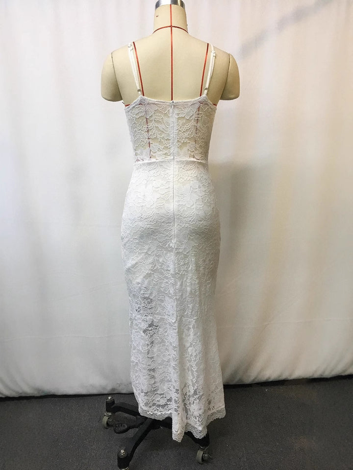 Lace v-neck sleeveless maxi dress with front slit
