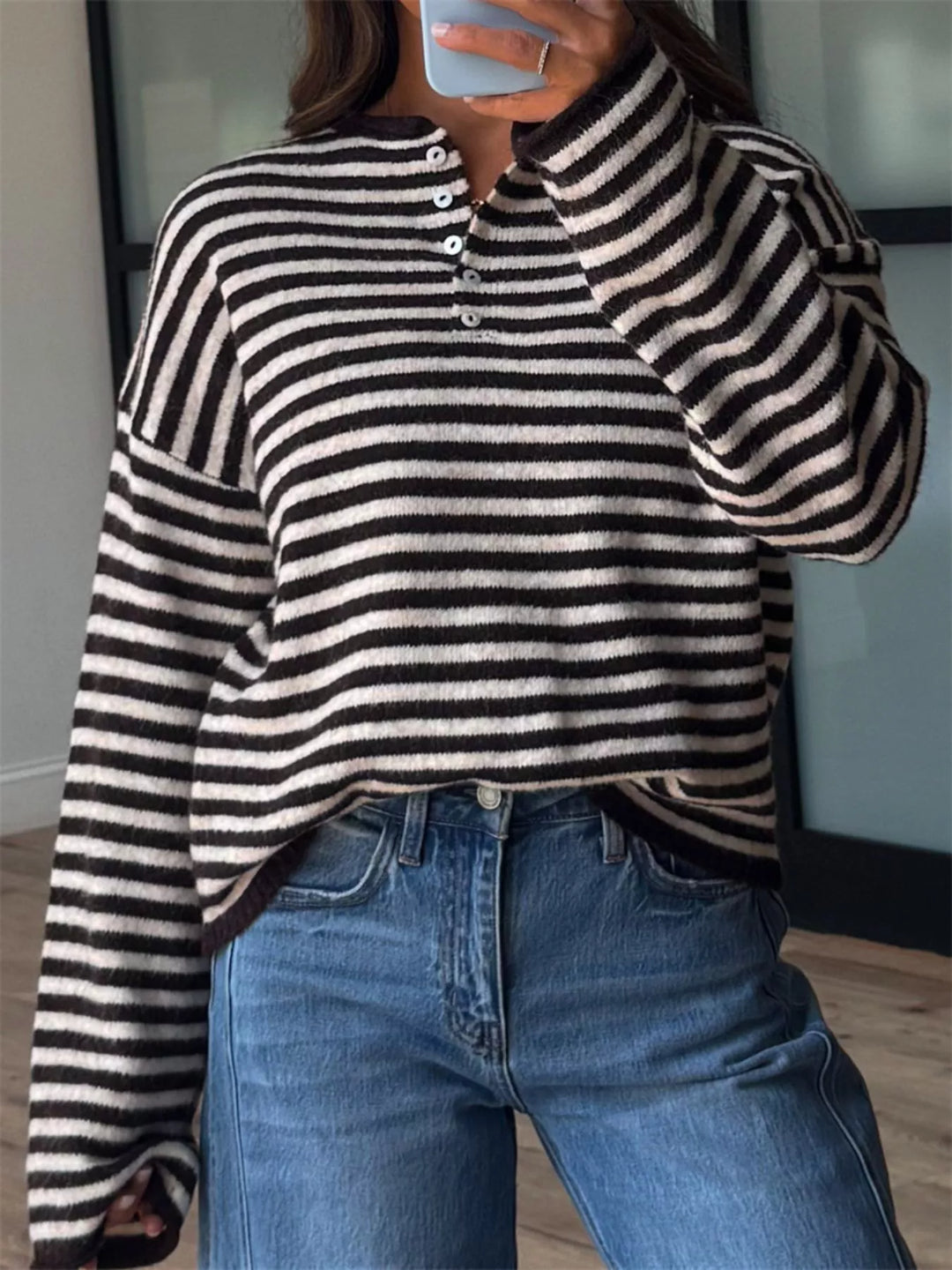 Black Striped dropped-shoulder collared sweater with button placket