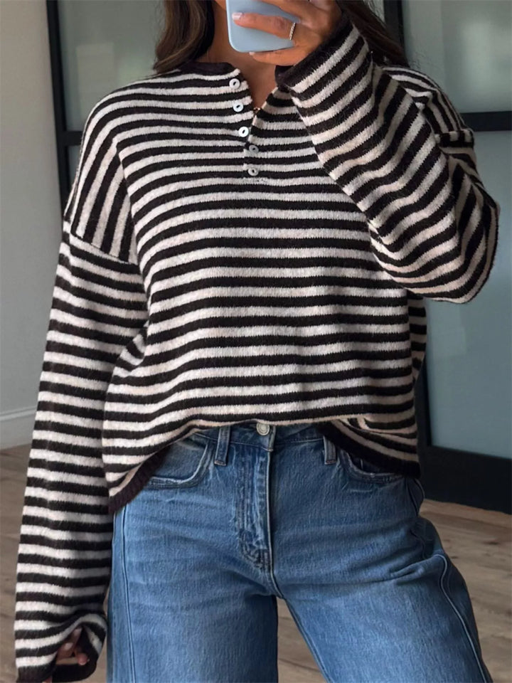 Black Striped dropped-shoulder collared sweater with button placket
