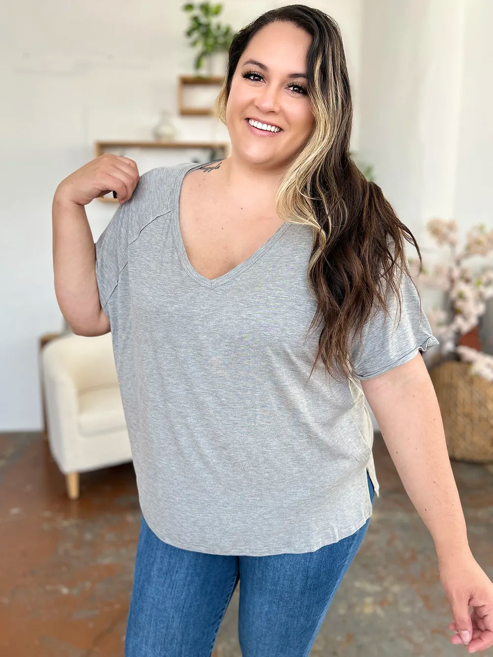 Relaxed bamboo V-neck short sleeve tee with side slits