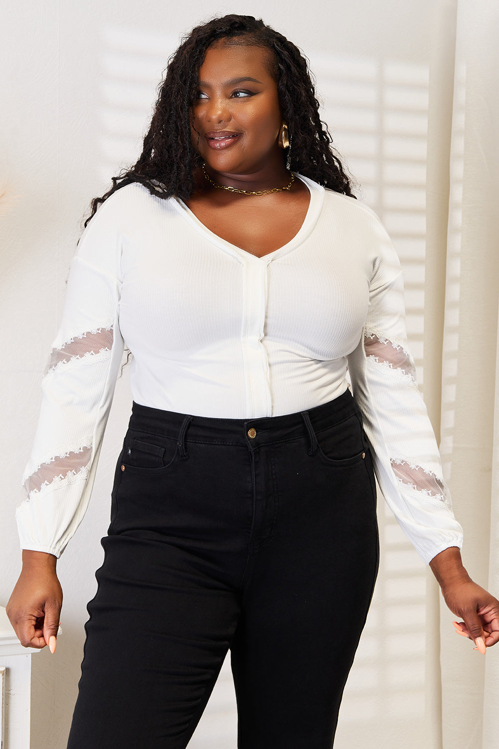 Lace-panel sleeve V-neck blouse with dropped shoulders