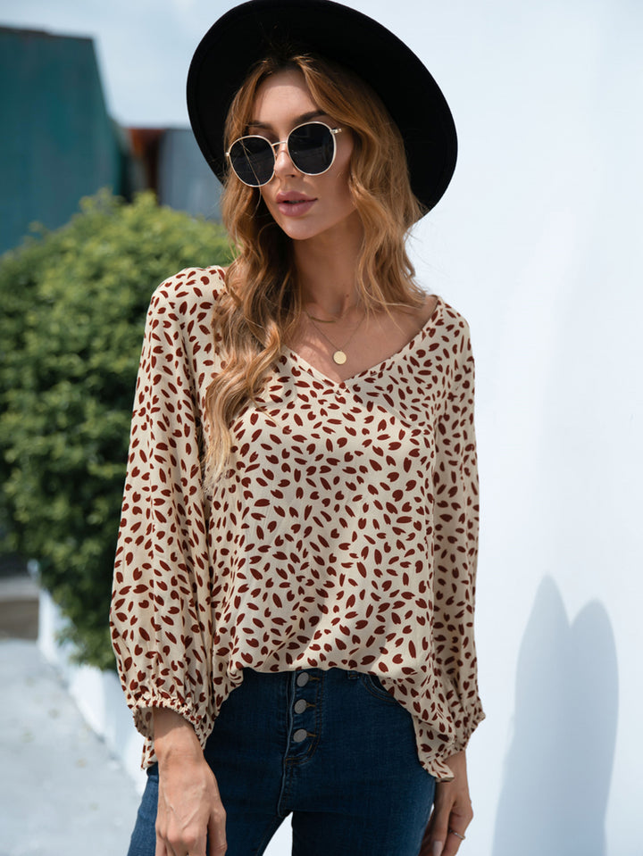Speckled print balloon sleeve V-neck blouse