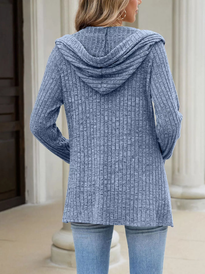 Ribbed knit hooded cardigan with tortoise buttons