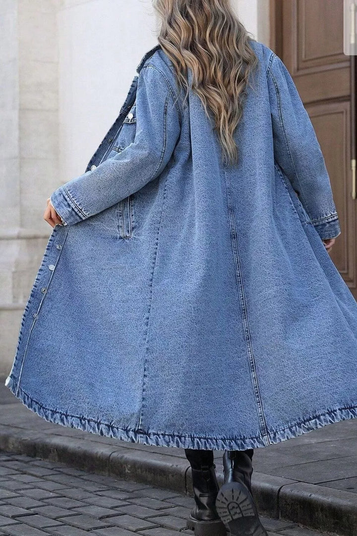 Longline button-down denim duster jacket with chest pockets