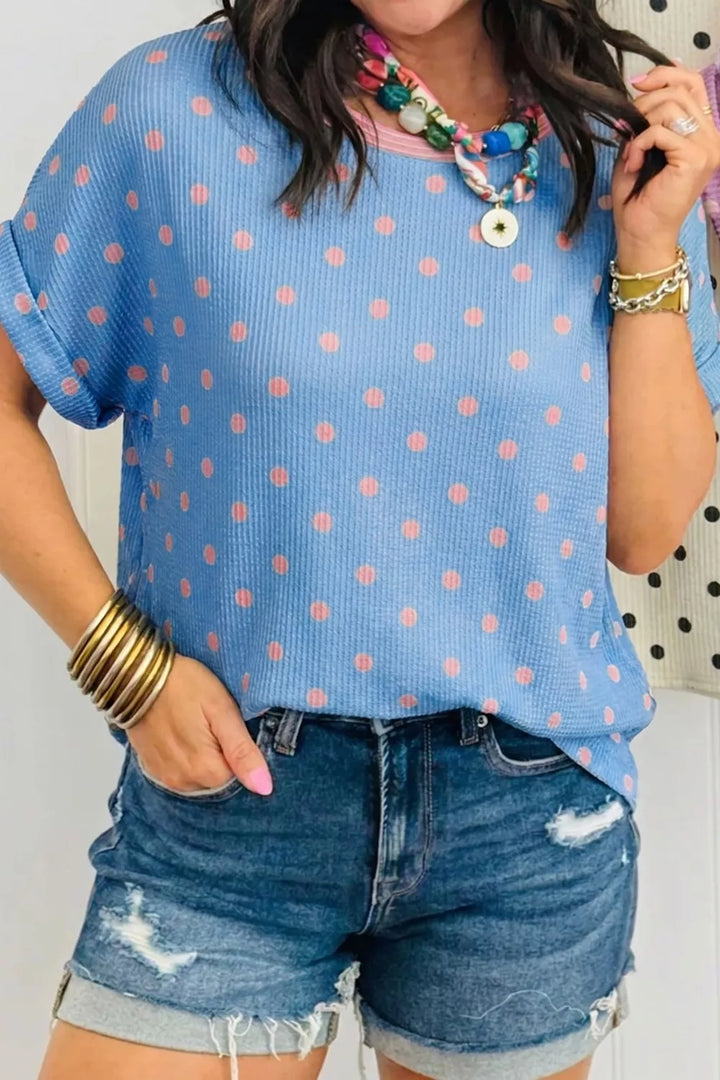 Polka dot ribbed knit short sleeve V-neck tee