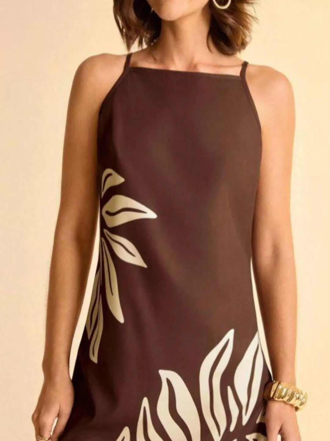 Tropical leaf print sleeveless mini dress