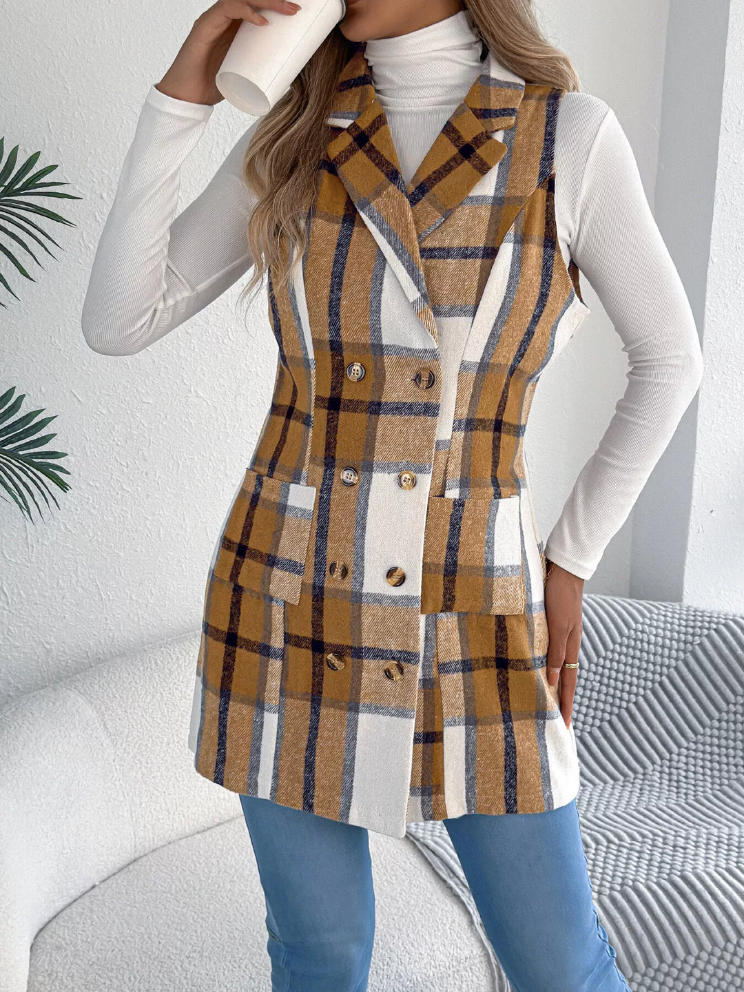Plaid double-breasted longline vest coat with notched lapel