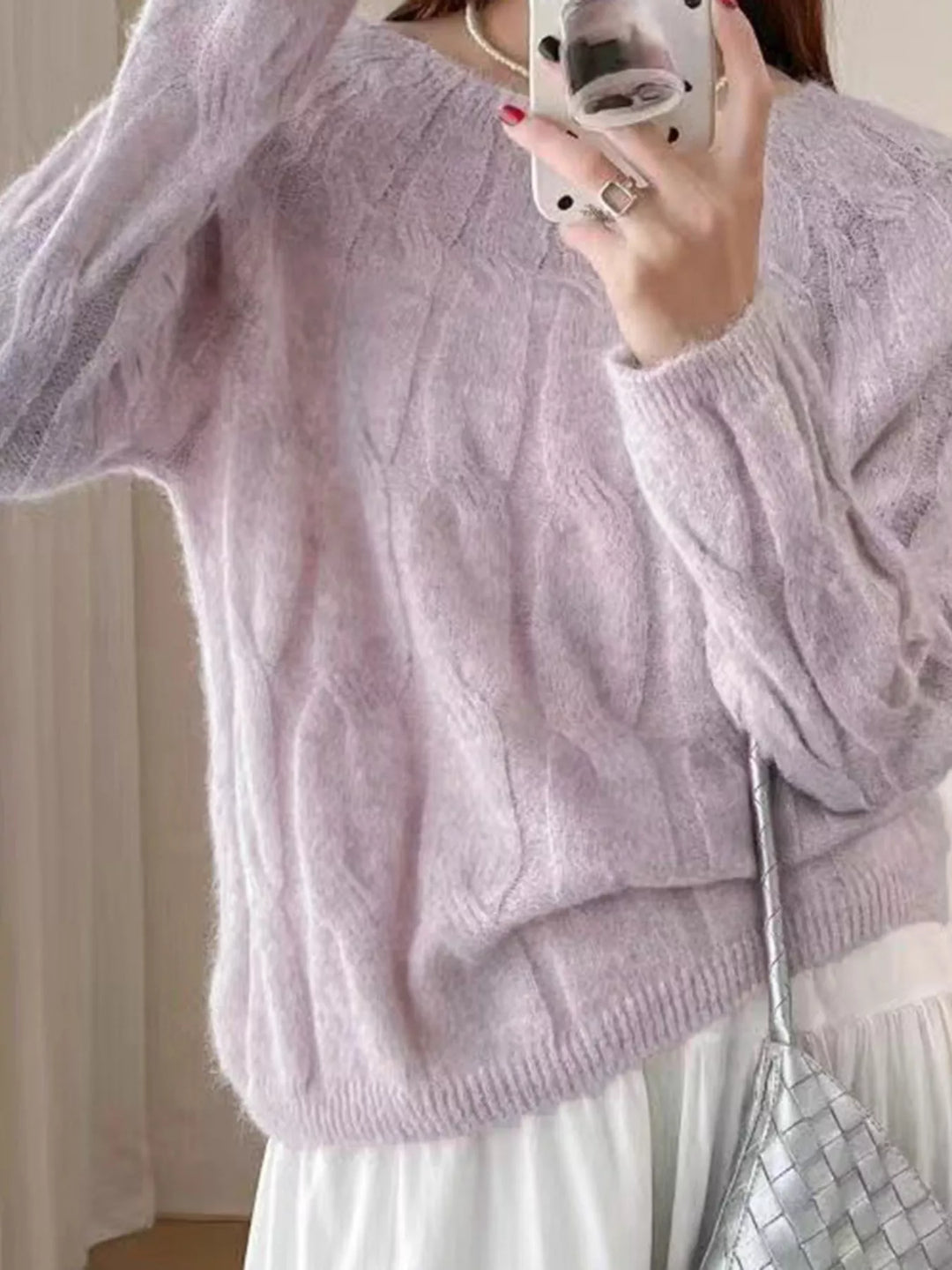 Pink Cable-knit round neck pullover with ribbed cuffs and hem