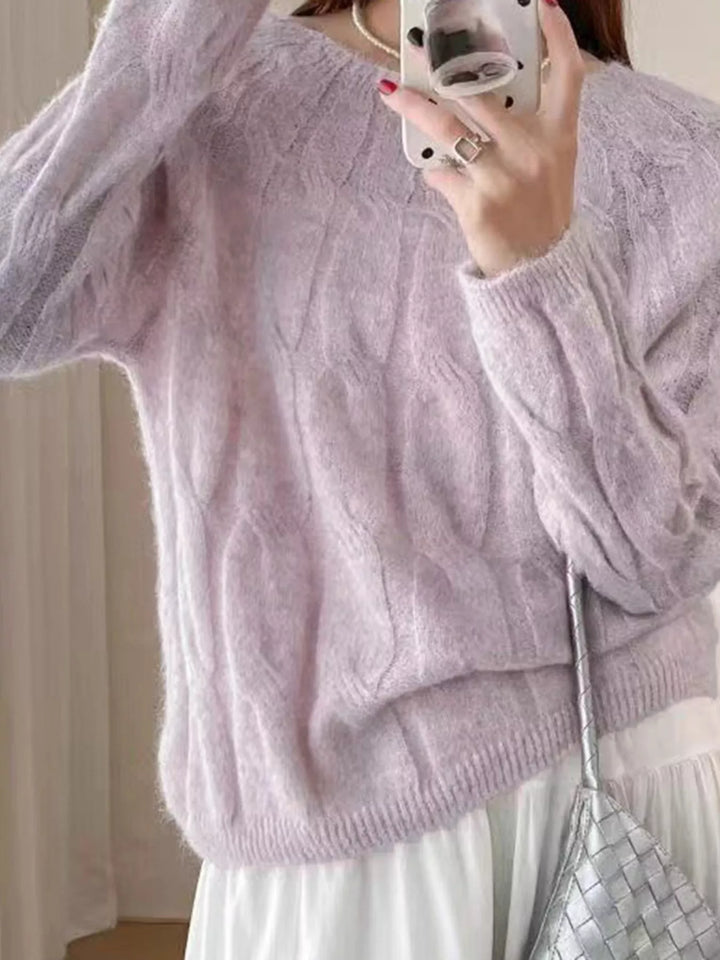 Pink Cable-knit round neck pullover with ribbed cuffs and hem
