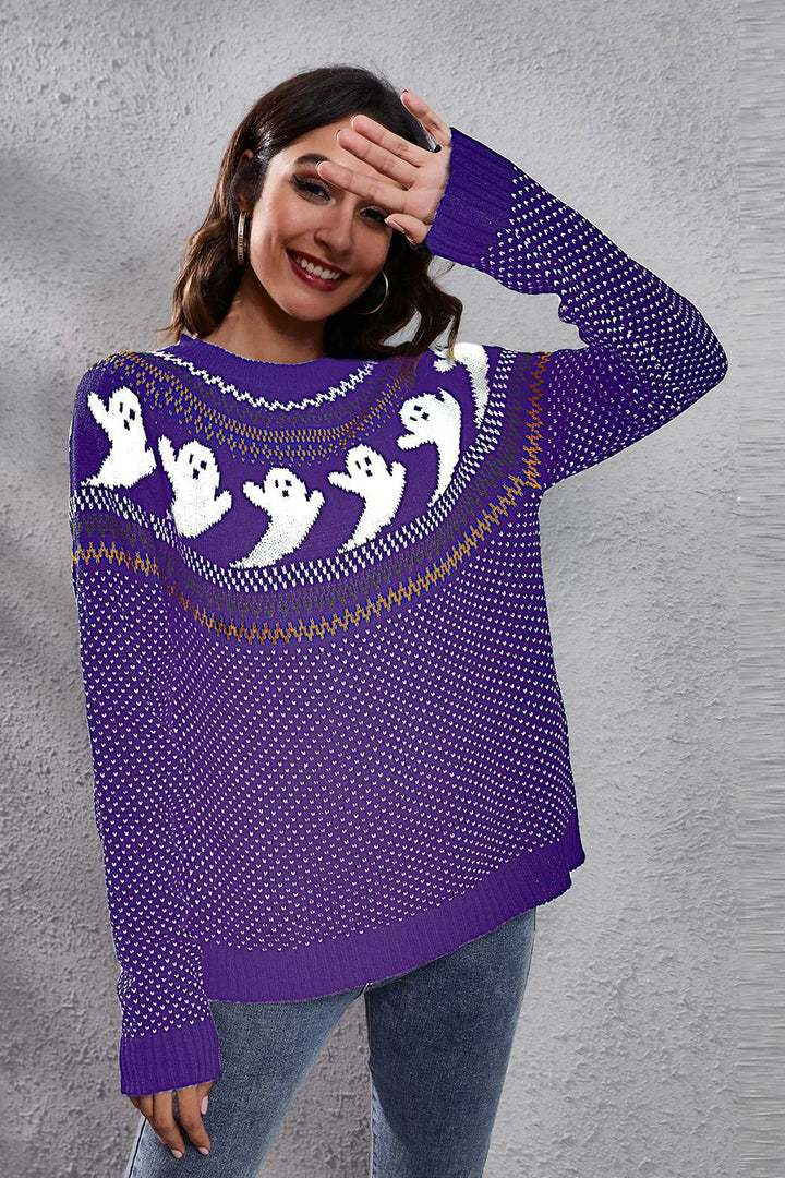 Light Indigo Ghost print Fair Isle knit crew neck pullover sweater