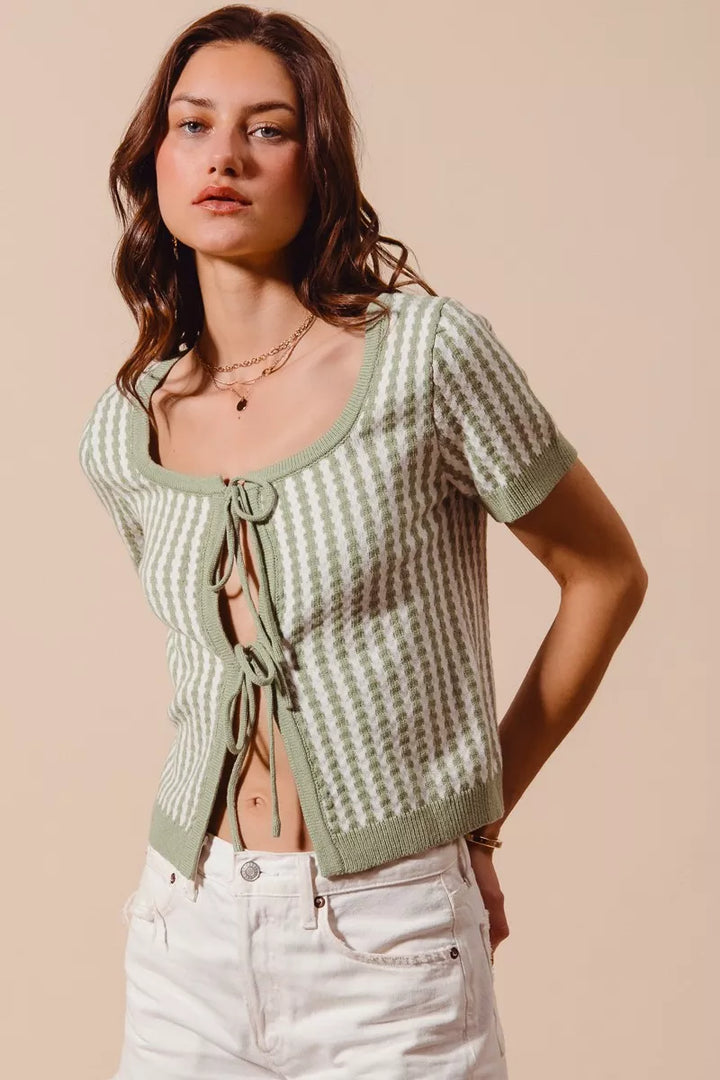Tie-front striped short sleeve knit cardigan