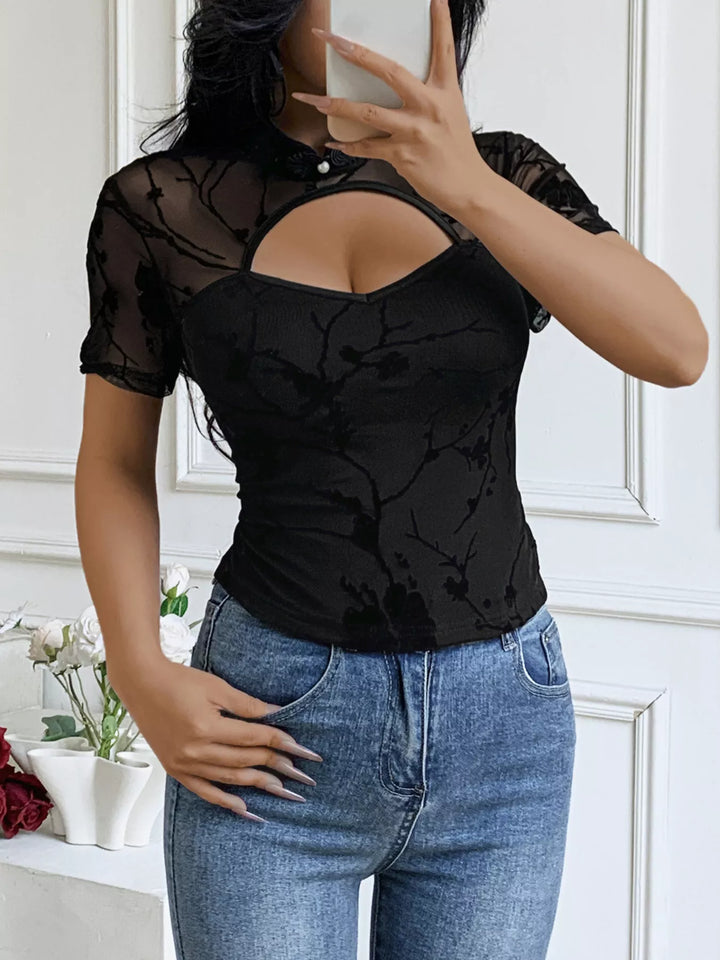 Floral mesh cutout top with mock neck and short sleeves