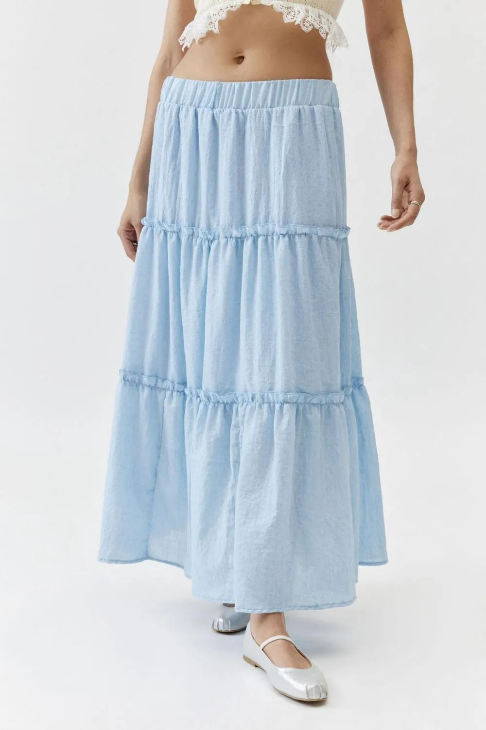 Light Blue Tiered frill maxi skirt with elastic waist