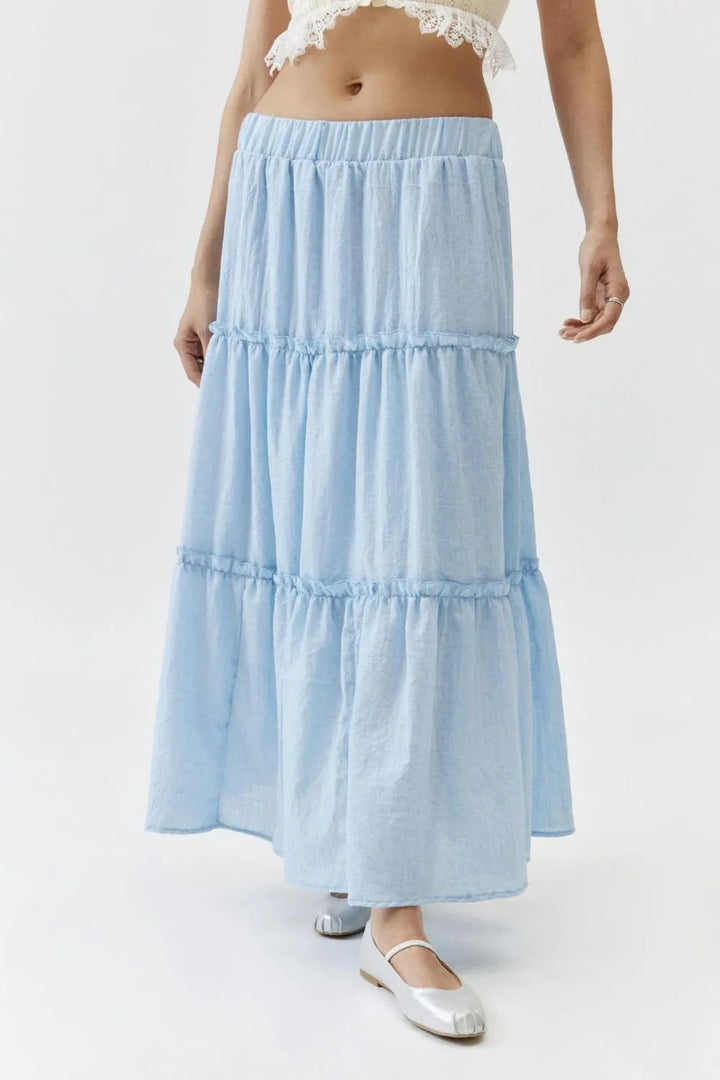 Light Blue Tiered frill maxi skirt with elastic waist