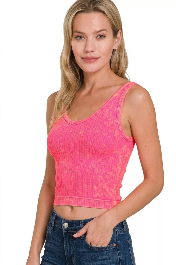 Washed ribbed seamless cropped V-neck tank top