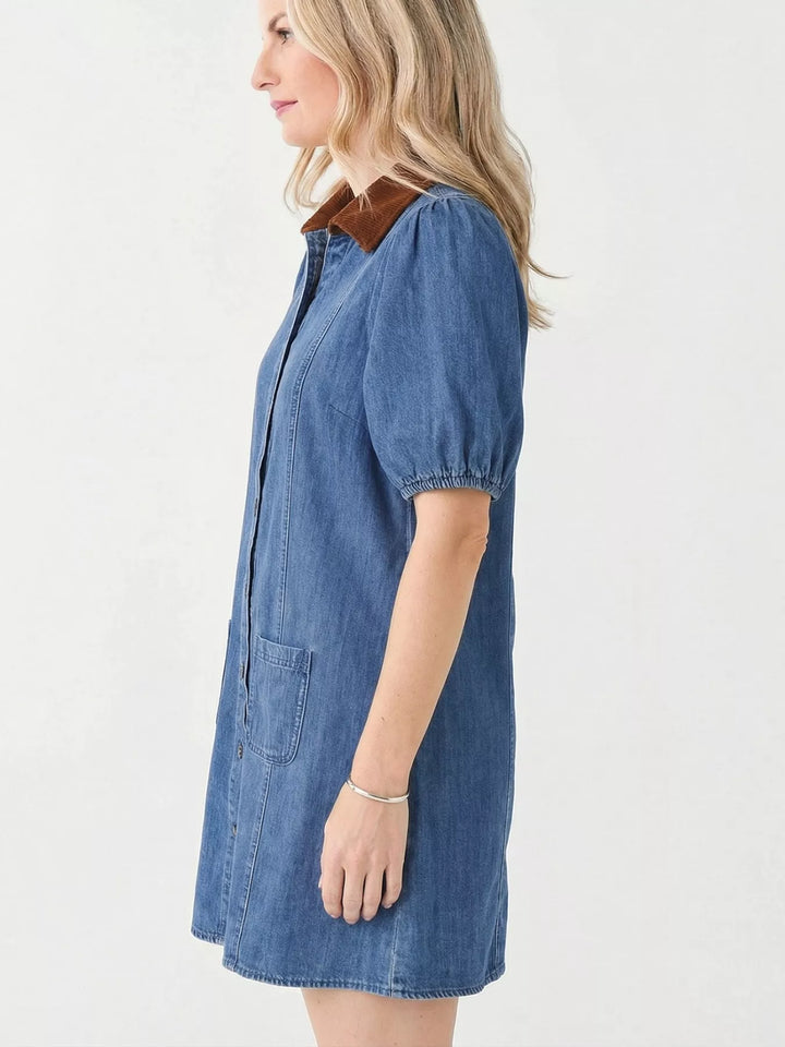 Button-down denim mini dress with puff sleeves and contrast collar