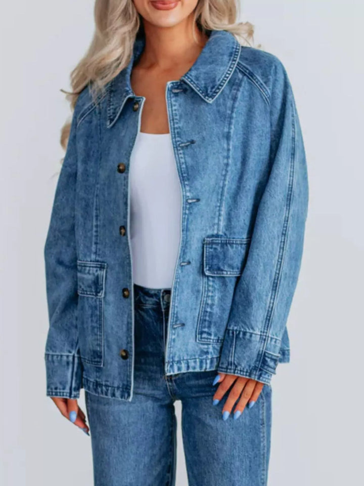 Oversized button-up denim jacket with raglan sleeves