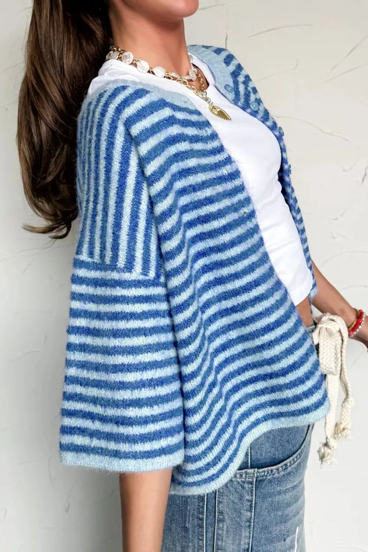Striped half-sleeve knit button-down cardigan