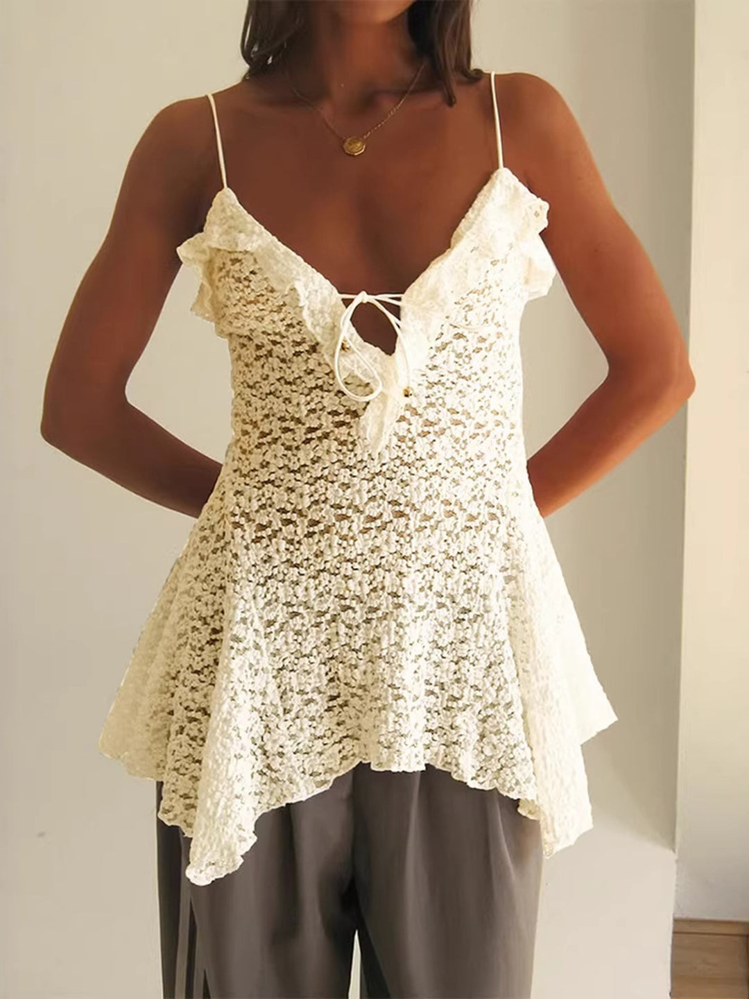 Beige Lace tie-front cami with ruffle trim and asymmetric hem