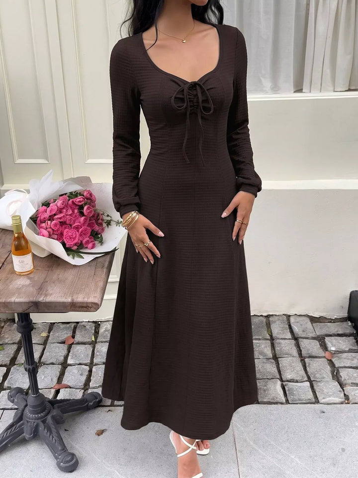 Ribbed knit tie-front long sleeve maxi dress