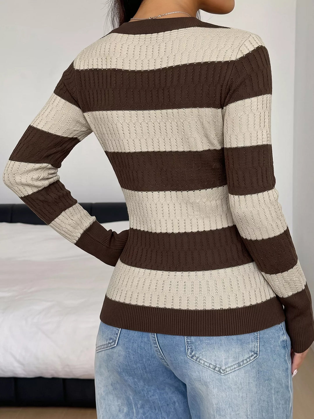 Striped cable knit v-neck pullover with ribbed trim