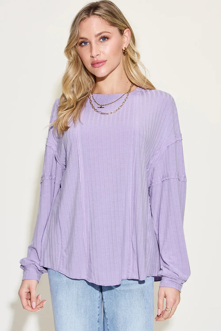 Lavender Ribbed round neck long sleeve top with exposed seams