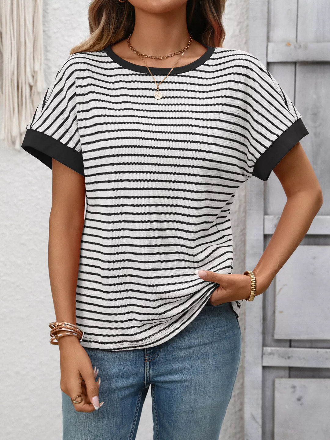 Striped short sleeve knit tee with contrast trim