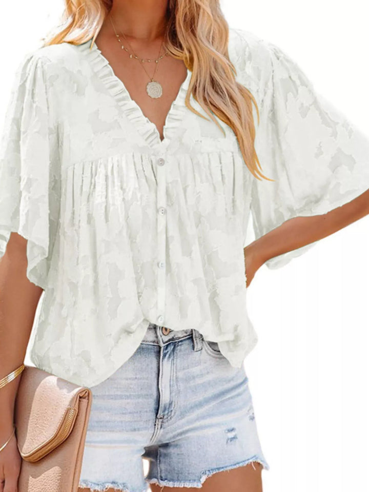 White Textured V-neck ruffle-trim button-down blouse