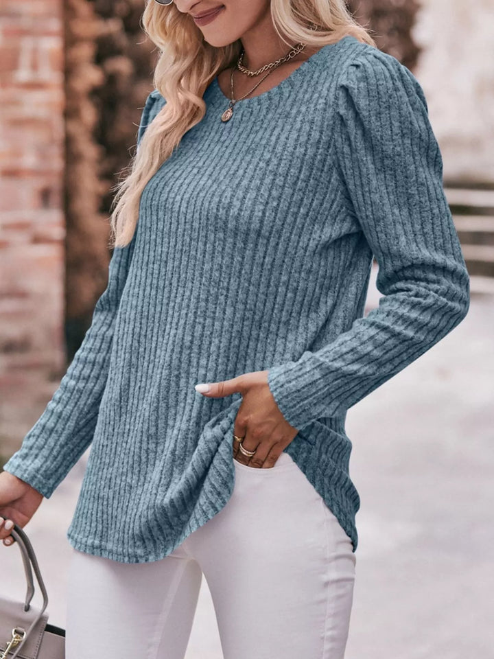 Ribbed knit long sleeve top with puff shoulders