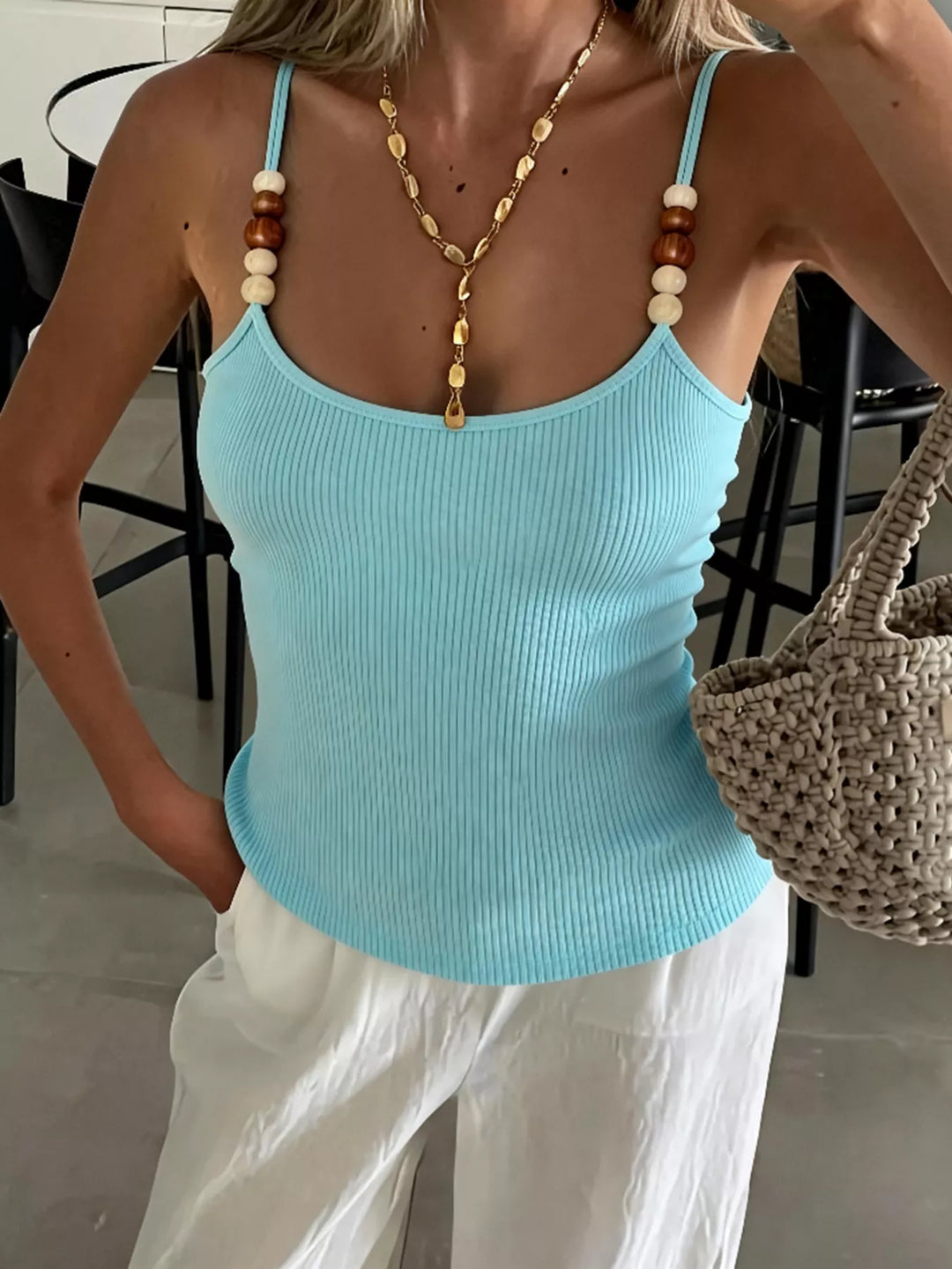 Ribbed knit cami with wood and bone beaded straps