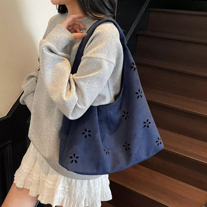 Floral cut-out suede-look hobo bag with zip pouch