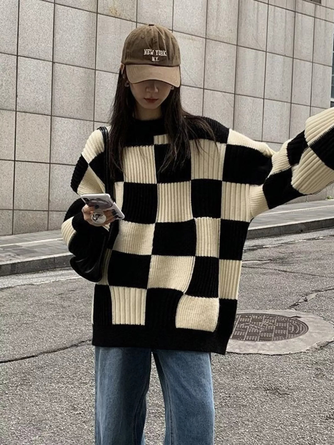 Black Checkerboard oversized ribbed knit sweater