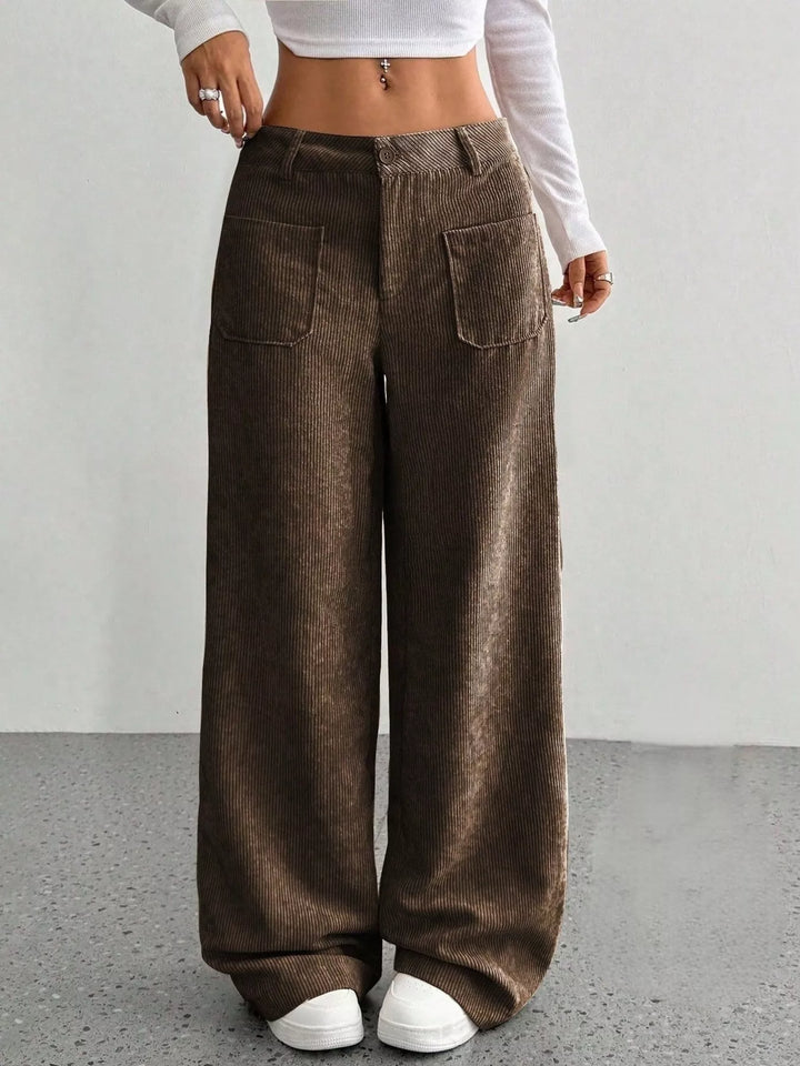 Brown Wide-leg corduroy pants with front patch pockets