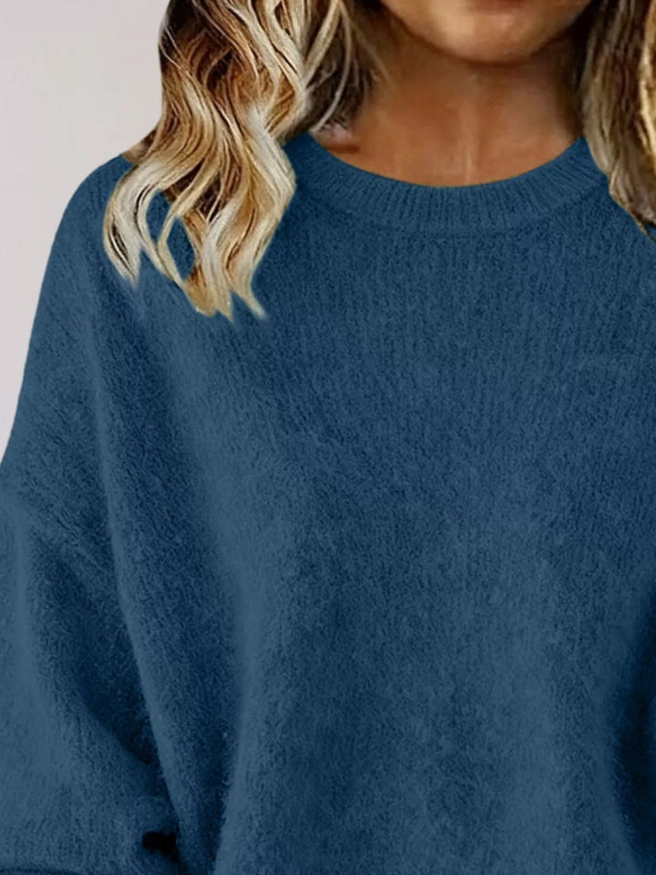 Dropped-shoulder crew neck knit sweater with ribbed trim