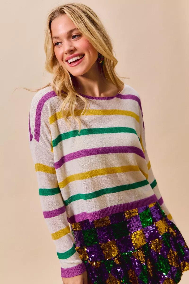 Color stripe lightweight knit sweater with boat neck