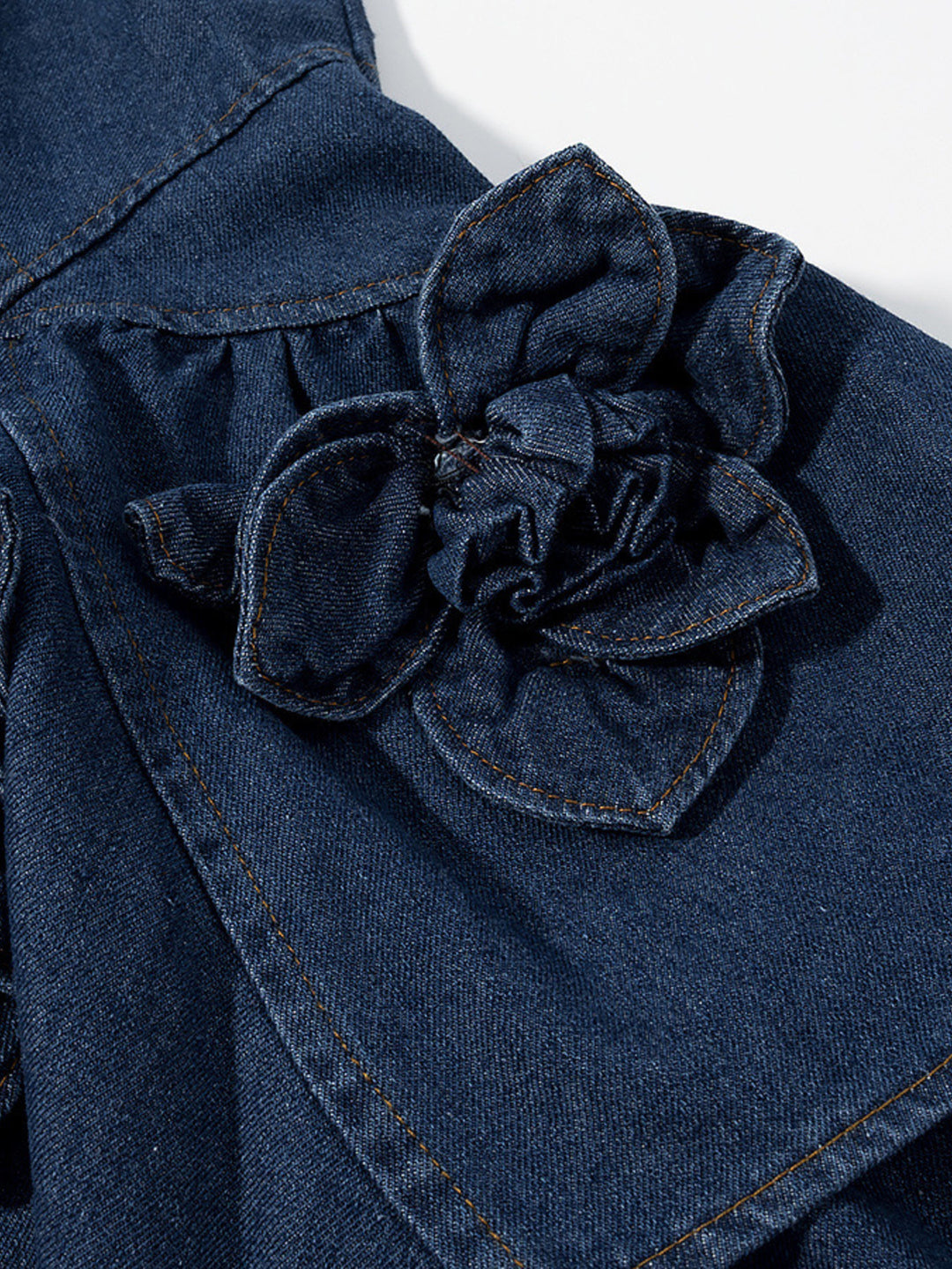 Tiered ruffle denim mini dress with rose appliqués