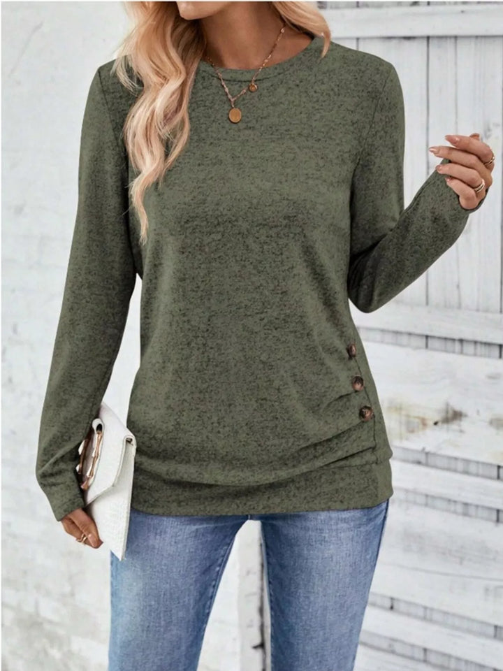 Olive Decorative side-button long sleeve knit top