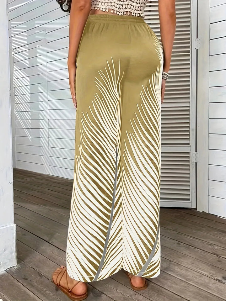 Tropical palm print wide leg pants with elastic waist