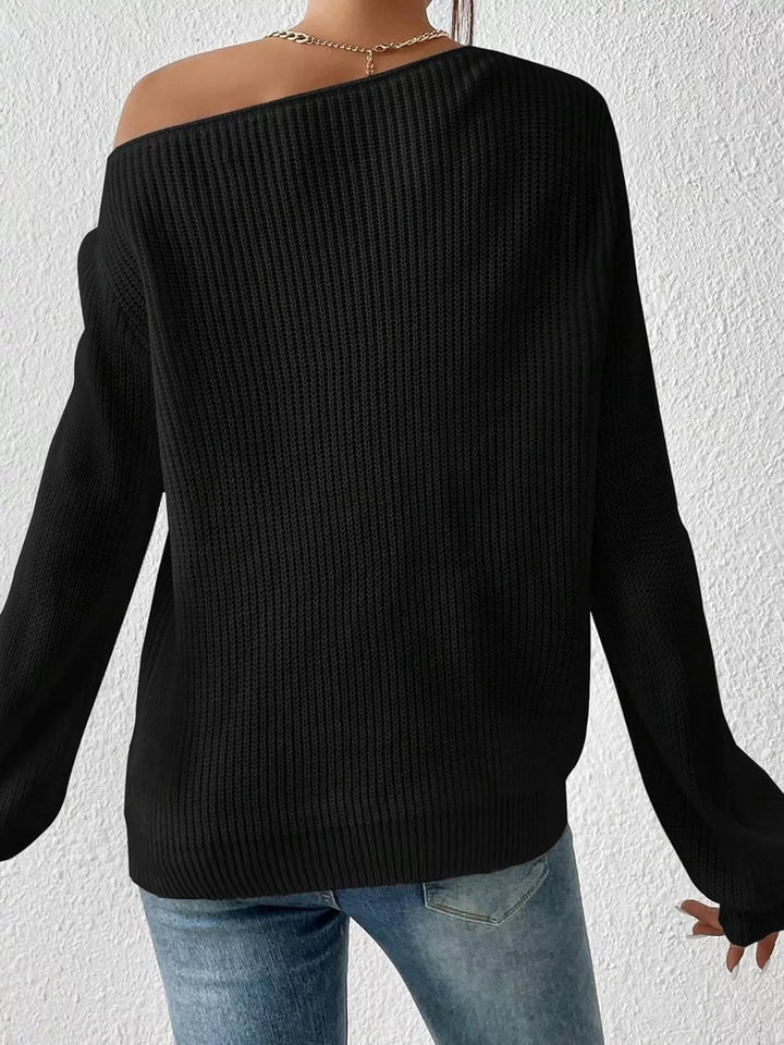 Off-shoulder ribbed knit sweater with drop shoulder sleeves